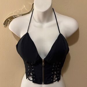 Elegant Black Lace-Up Halter Crop Top